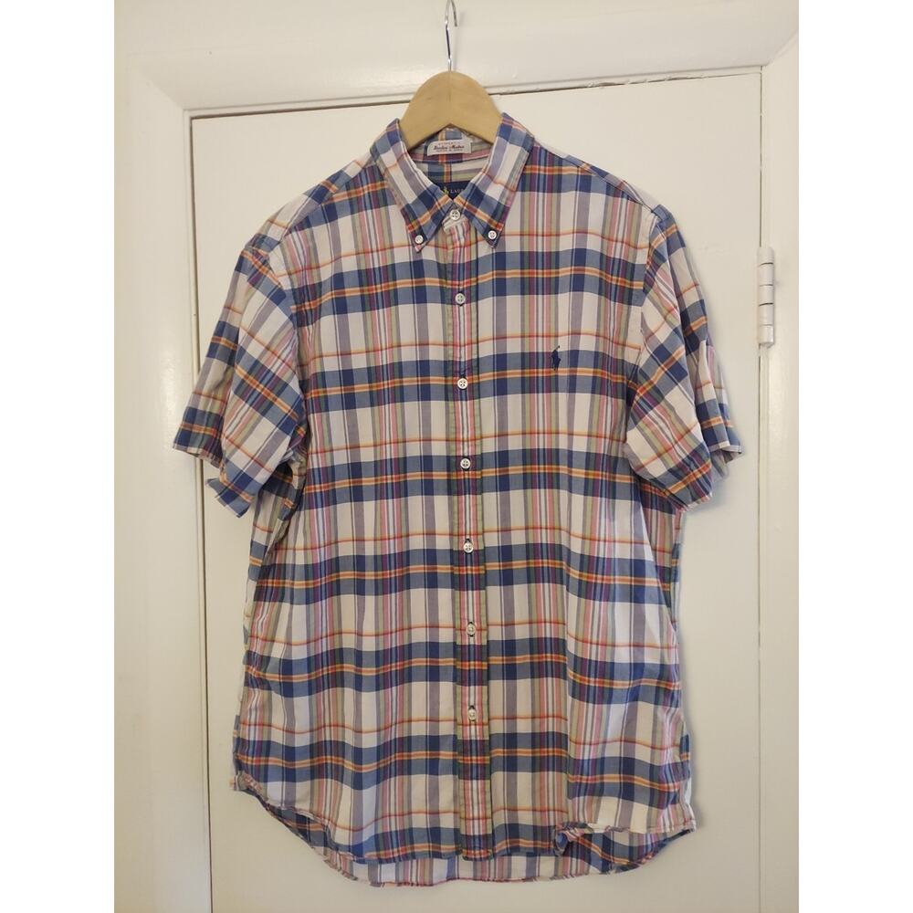 Ralph Lauren Mens Large Bleeding Madras Shirt Button Down Short Sleeve Plaid
